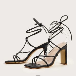 Black lace up block heels